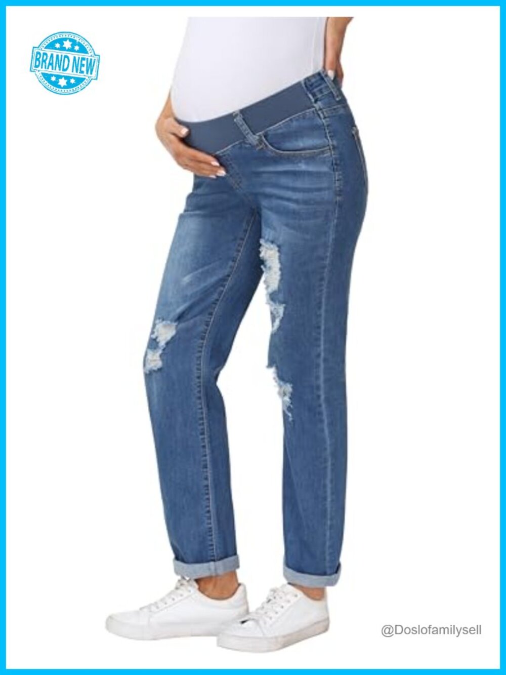 Maternity Ripped Boyfriend Jeans Low Rise Elastic Waist Denim Pants